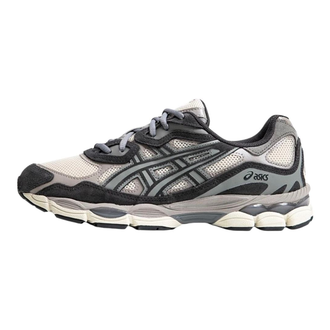 Asics* sneaker in *gray, black, and white* with silver
