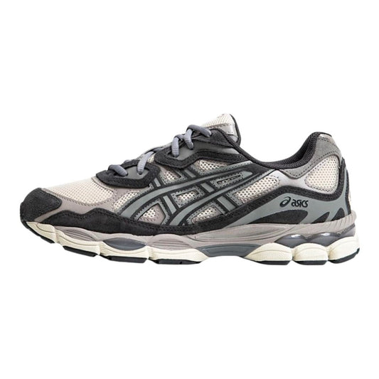 Asics* sneaker in *gray, black, and white* with silver